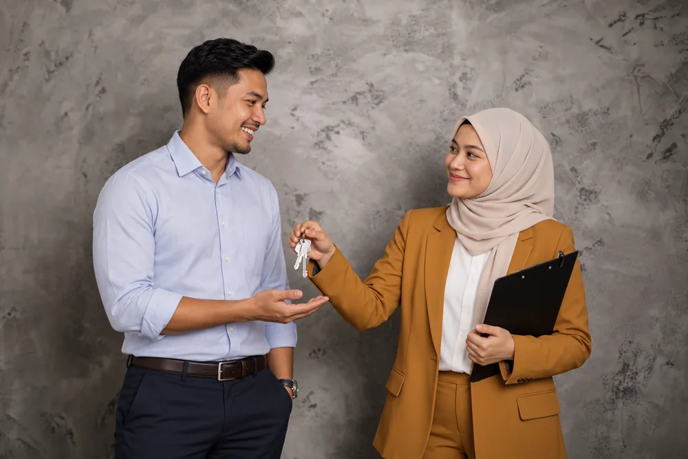 Illustration of a property advisor handing keys to a homebuyer